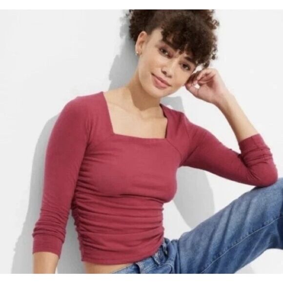 wild fable Tops - Women’s Wild Fable Long Sleeve Ruched T Shirt Rose Red XXS NWT Holiday Square